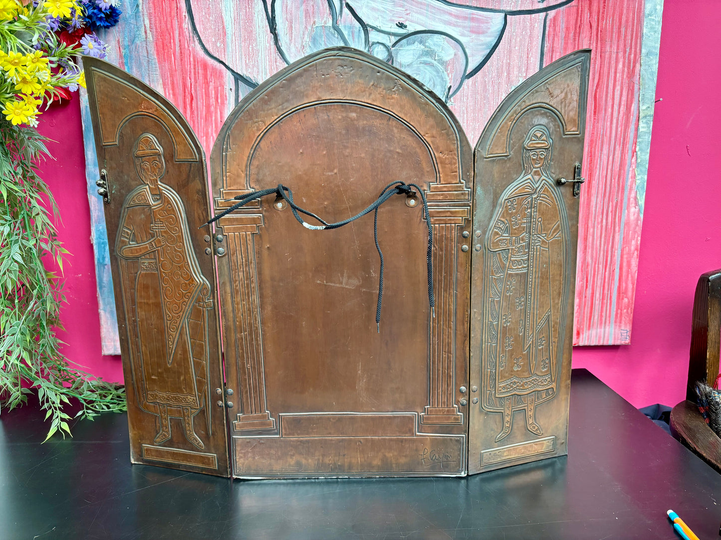 religieuze kunst drieluik van messing