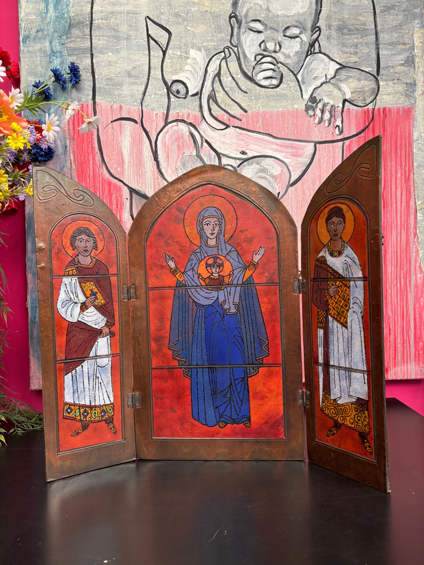 religieuze kunst drieluik van messing